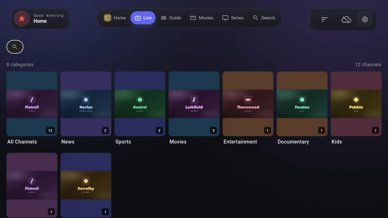 The Vuleo live TV screen, with channel categories such as News, Sports and Movies as tiles