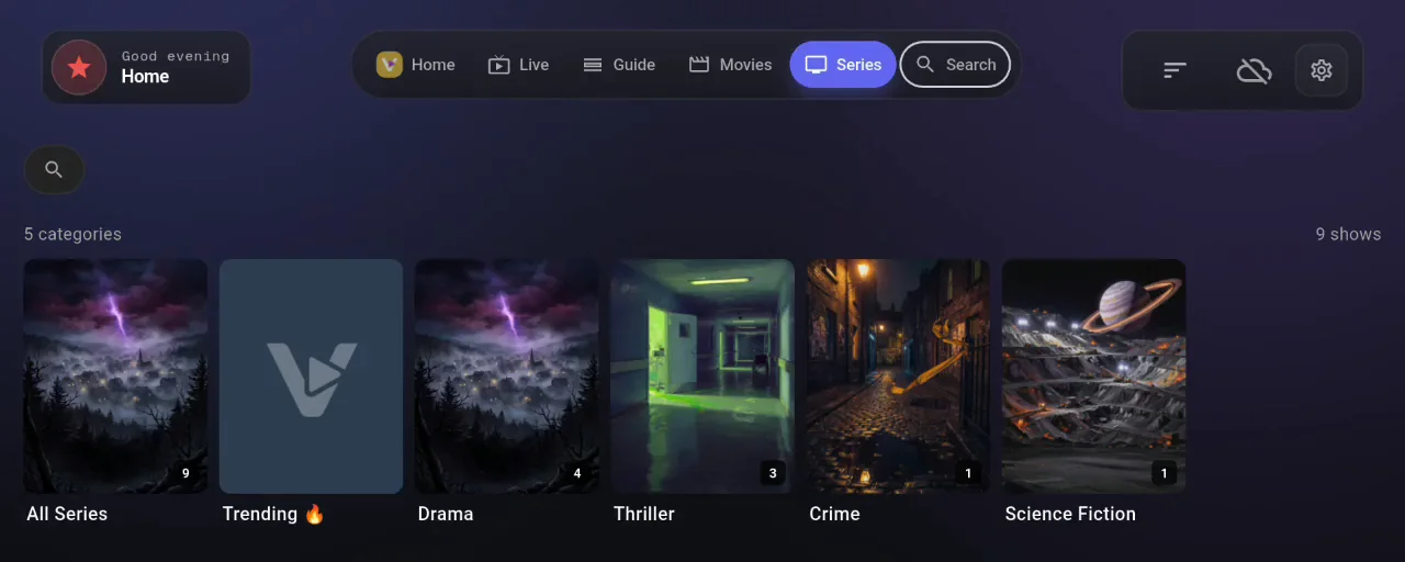 The Vuleo series screen, with categories such as Drama, Thriller and Crime as poster tiles